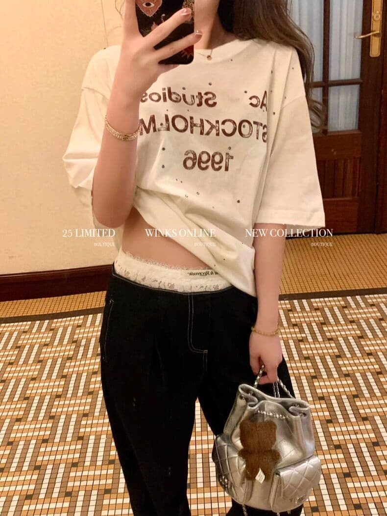 모방 면 당겨 프레임 한 부서 느긋한 바람 화이트 긴팔 티셔츠 여성 핫픽스 알파벳 프린트 루즈핏 자외선 차단 맨위 상세 이미지 5