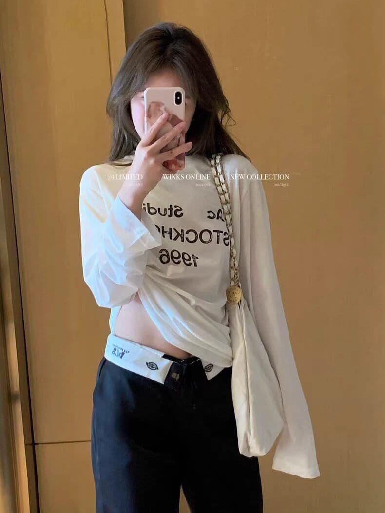 모방 면 당겨 프레임 한 부서 느긋한 바람 화이트 긴팔 티셔츠 여성 핫픽스 알파벳 프린트 루즈핏 자외선 차단 맨위 상세 이미지 11