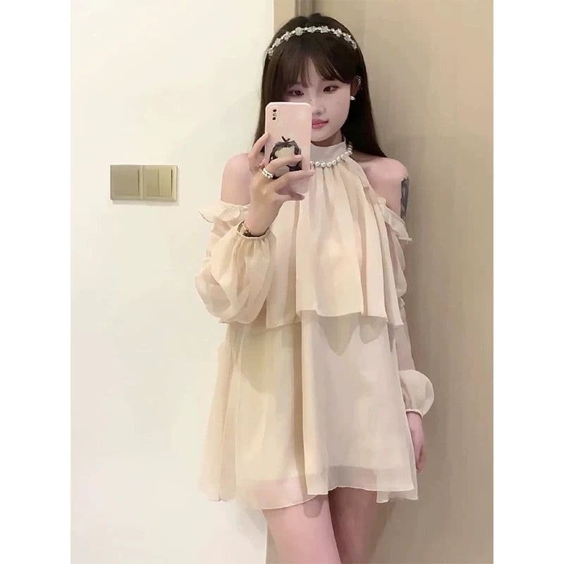 2026 여름 새로운 한 부서 진주 행침 목 오프숄더 순수한 욕망 센스 달콤함 긴팔 쉬폰 드레스 네리 상세 이미지 2