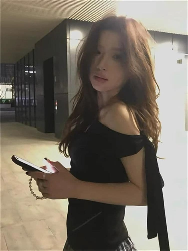순수한 욕망 나비 매듭 스트랩 비스듬한 어깨 사람들 면 270 그램 반팔 티셔츠 여성 섹시함 오프숄더 하나 의류 기타 착용 맨위 상세 이미지 2