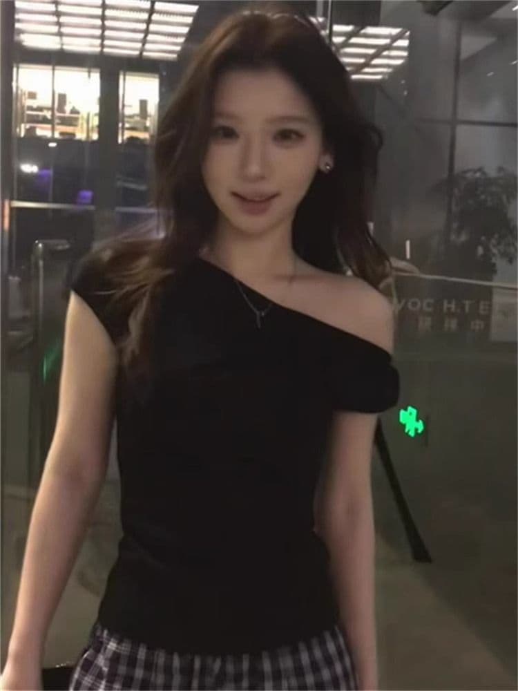 순수한 욕망 나비 매듭 스트랩 비스듬한 어깨 사람들 면 270 그램 반팔 티셔츠 여성 섹시함 오프숄더 하나 의류 기타 착용 맨위 상세 이미지 5