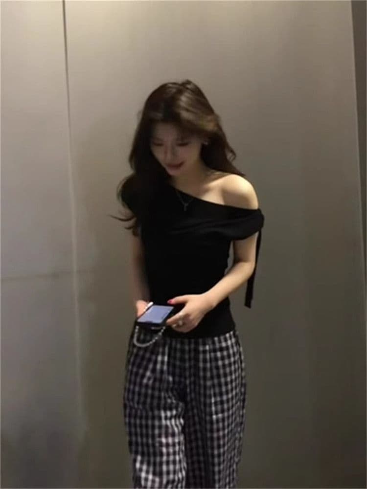순수한 욕망 나비 매듭 스트랩 비스듬한 어깨 사람들 면 270 그램 반팔 티셔츠 여성 섹시함 오프숄더 하나 의류 기타 착용 맨위 상세 이미지 6