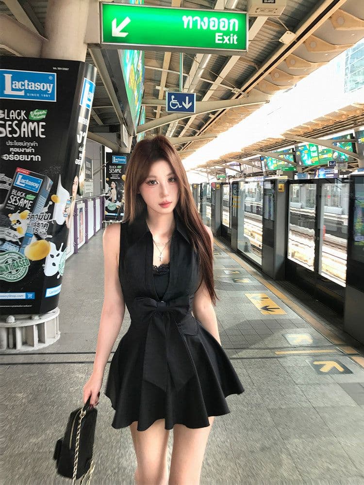핫걸 허리 수축 레이스 여성 드레스 2026 여름 새로운 몸매 가꾸기 슬림해 보이는 섹시함 순수한 욕망 바람 검정색 치마 이미지 2
