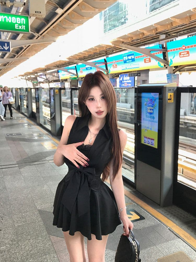 핫걸 허리 수축 레이스 여성 드레스 2026 여름 새로운 몸매 가꾸기 슬림해 보이는 섹시함 순수한 욕망 바람 검정색 치마 이미지 3