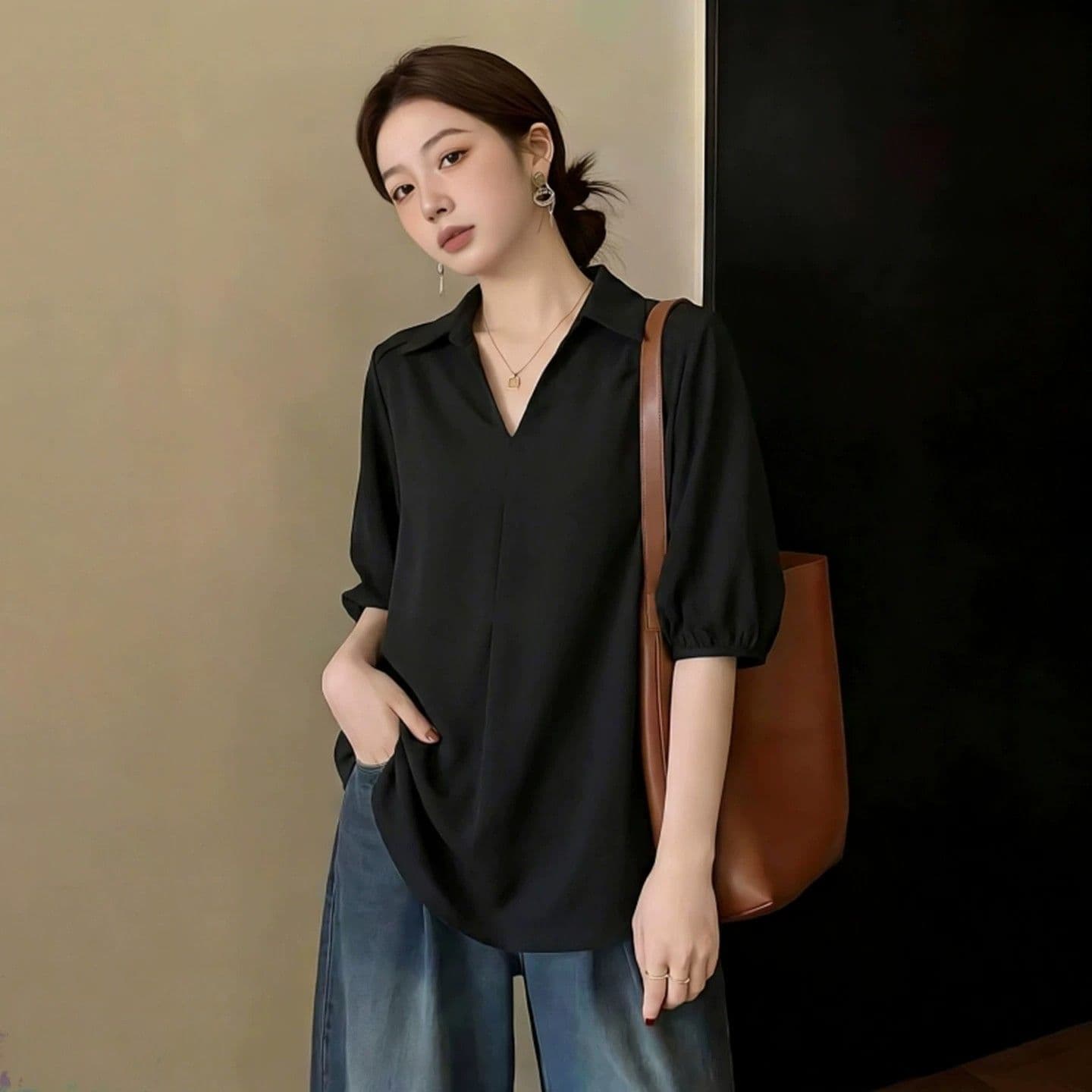 세련된 검정색 폴로 칼라 7부 소매 셔츠 2026 여름 새로운 빅 사이즈 지방 mm 패션 외국 가스 고급 센스 맨위
