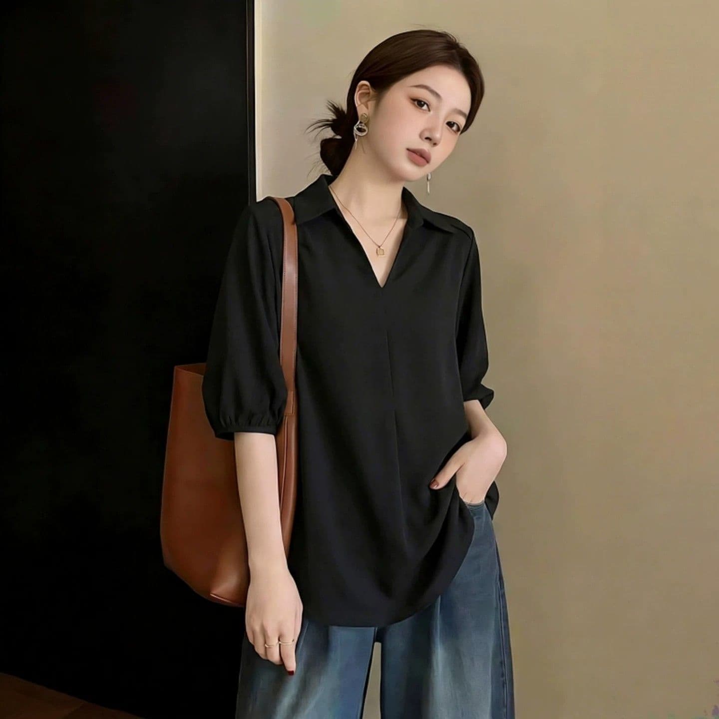 세련된 검정색 폴로 칼라 7부 소매 셔츠 2026 여름 새로운 빅 사이즈 지방 mm 패션 외국 가스 고급 센스 맨위 상세 이미지 4