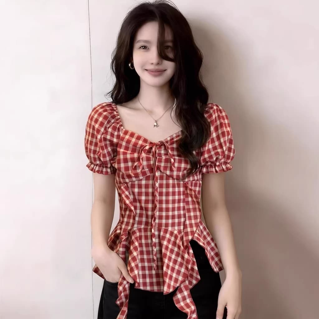 빅 사이즈 표지 배 프랑스식 레트로 리본 체크무늬 여성 셔츠 여름 통통한 여동생 슬림해 보이는 거품 소매 광장 칼라 맨위 이미지 4