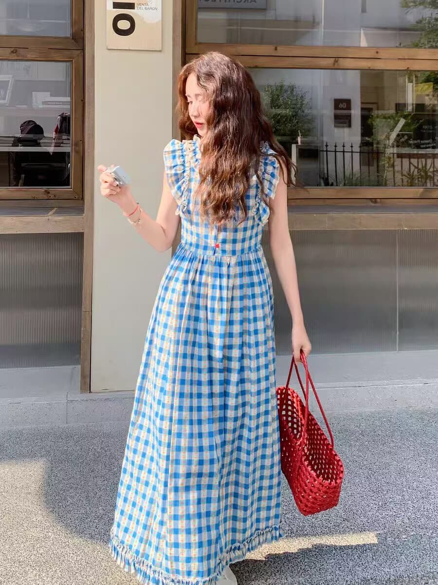 체크무늬 Feifei 소매 조끼 여성 드레스 2026 여름 새로운 달콤함 허리 수축 품격 휴가 바람 길다 치마 이미지 3