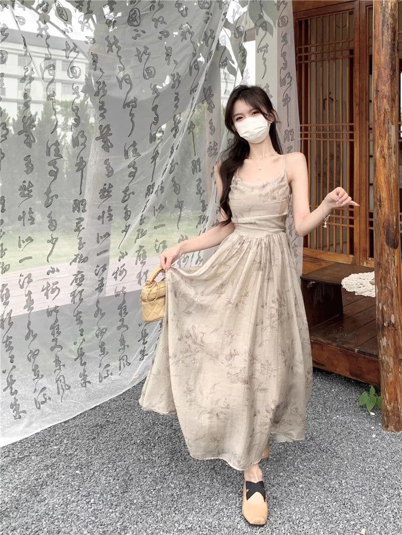 2026 여름 새로운 프랑스식 레트로 슬립 꽃무늬 여성 드레스 품격 허리 수축 광장 칼라 롱 스커트 아이들 얇은 스타일 상세 이미지 5
