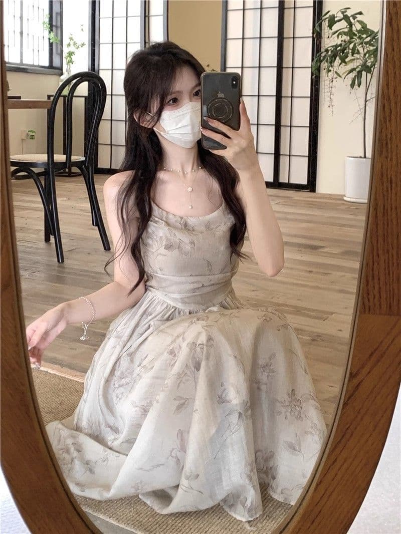 2026 여름 새로운 프랑스식 레트로 슬립 꽃무늬 여성 드레스 품격 허리 수축 광장 칼라 롱 스커트 아이들 얇은 스타일 상세 이미지 10