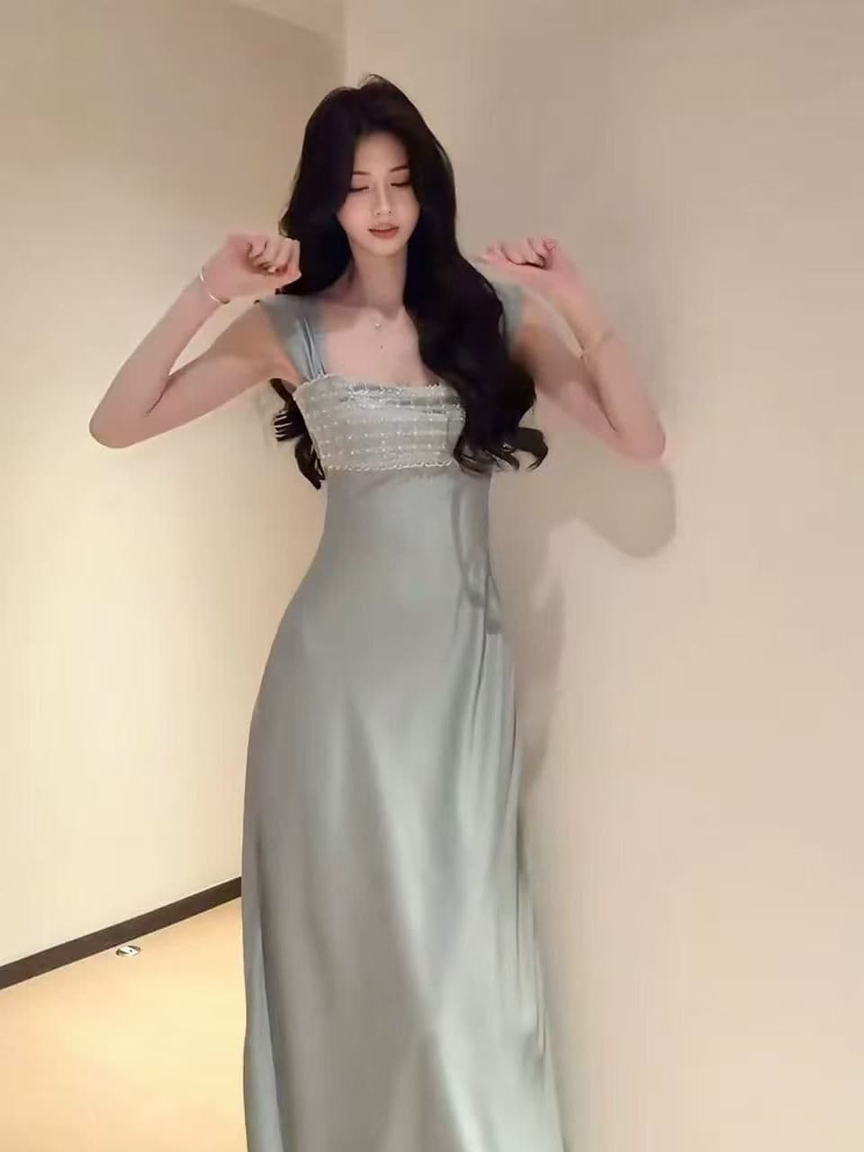 프랑스식 부드러운 명문 여성 분위기 센스 무거운 작업 다이아몬드 세팅 새틴 드레스 새로운 작은 대중 빛 럭셔리 슬림해 보이는 허리 수축 롱 스커트 상세 이미지 5