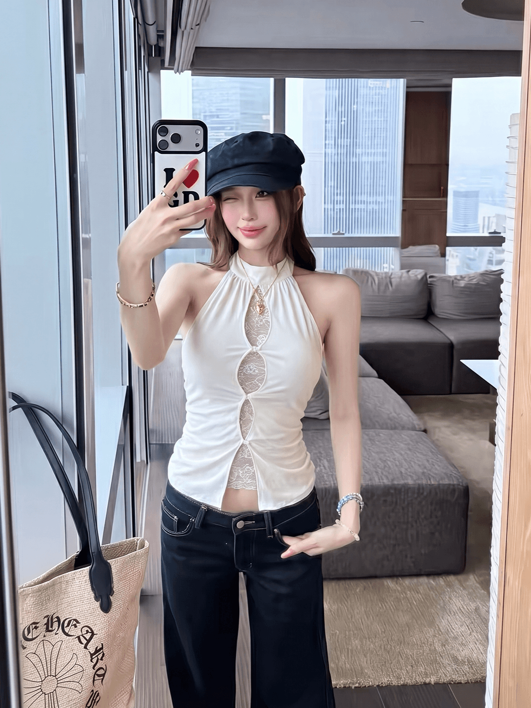 레이스 조각 행침 목 슬립 여성 2026 여름 새로운 착용 가져 가라. 홀로우 아웃 몸매 가꾸기 페이크 레이어드 조끼 맨위 이미지 4