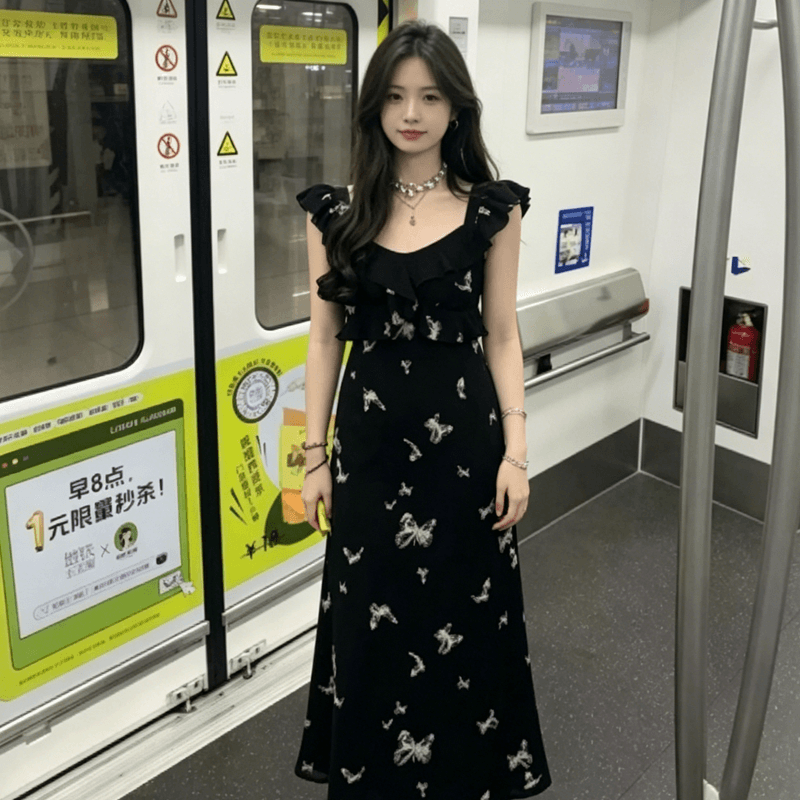 검정색 고급 센스 나비 비행 소매 여성 드레스 2026 여름 새로운 착용 가져 가라. 올해 인기 민소매 롱 스커트 상세 이미지 2