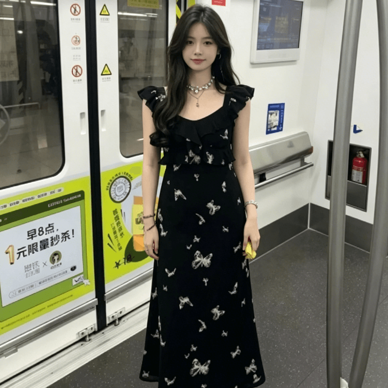 검정색 고급 센스 나비 비행 소매 여성 드레스 2026 여름 새로운 착용 가져 가라. 올해 인기 민소매 롱 스커트 상세 이미지 7