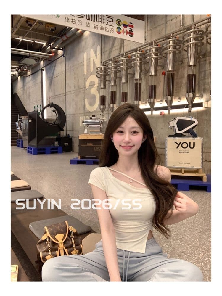 한 부서 디자인 센스 스트라이프 티셔츠 여성 비스듬한 어깨 핫걸 주름 허리 수축 작은 대중 불규칙 몸매 가꾸기 오프숄더 작은 맨위 상세 이미지 3