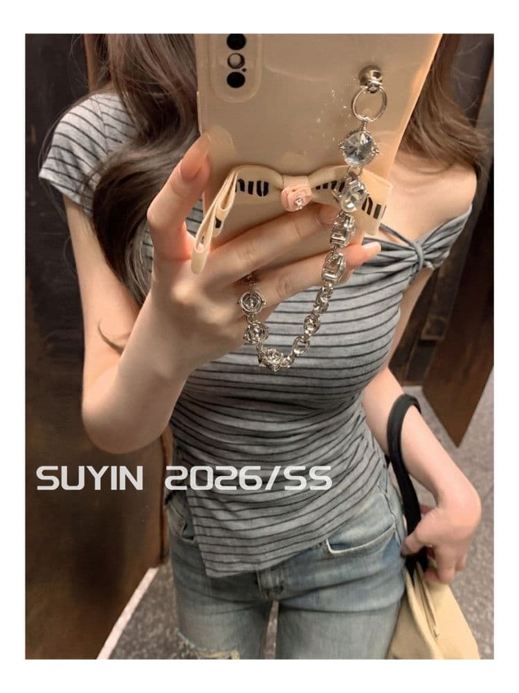 한 부서 디자인 센스 스트라이프 티셔츠 여성 비스듬한 어깨 핫걸 주름 허리 수축 작은 대중 불규칙 몸매 가꾸기 오프숄더 작은 맨위 상세 이미지 5