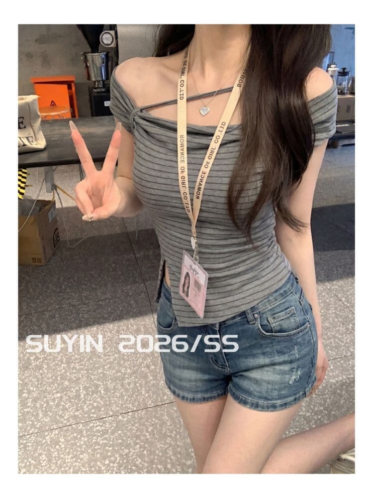 한 부서 디자인 센스 스트라이프 티셔츠 여성 비스듬한 어깨 핫걸 주름 허리 수축 작은 대중 불규칙 몸매 가꾸기 오프숄더 작은 맨위 상세 이미지 6