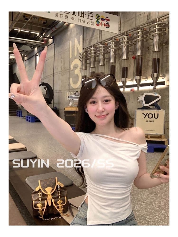 한 부서 디자인 센스 스트라이프 티셔츠 여성 비스듬한 어깨 핫걸 주름 허리 수축 작은 대중 불규칙 몸매 가꾸기 오프숄더 작은 맨위 상세 이미지 7