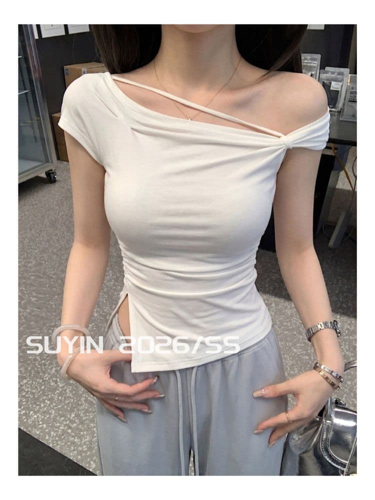 한 부서 디자인 센스 스트라이프 티셔츠 여성 비스듬한 어깨 핫걸 주름 허리 수축 작은 대중 불규칙 몸매 가꾸기 오프숄더 작은 맨위 상세 이미지 8