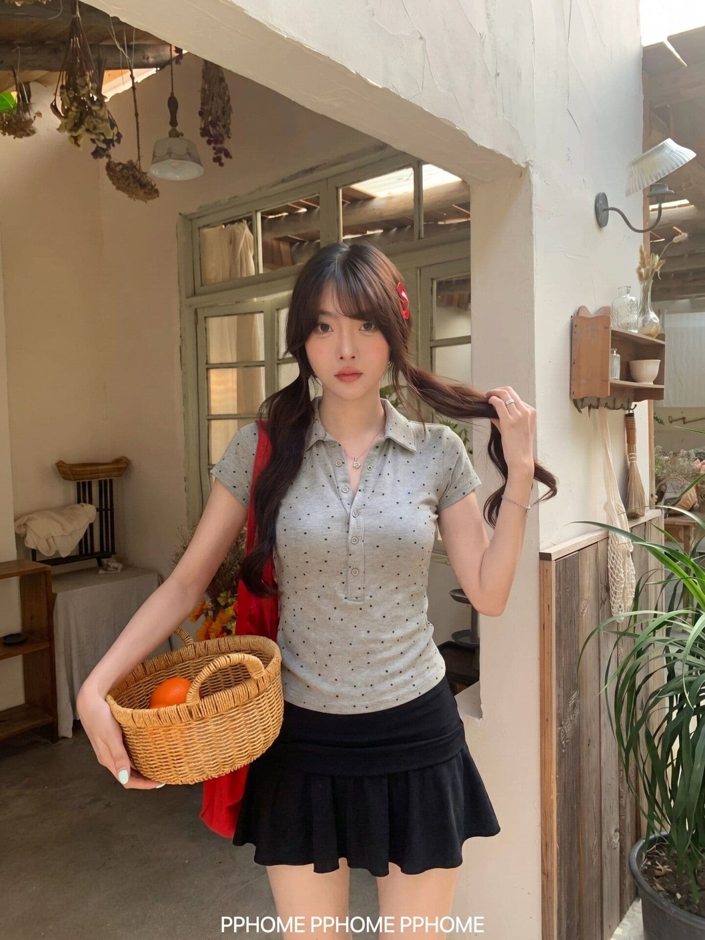 양모 작은 대중 도트 무늬 허리 수축 반팔 티셔츠 여성 여름 몸매 가꾸기 핫걸 슬림해 보이는 POLO 칼라 다용도 회색 맨위 이미지 4