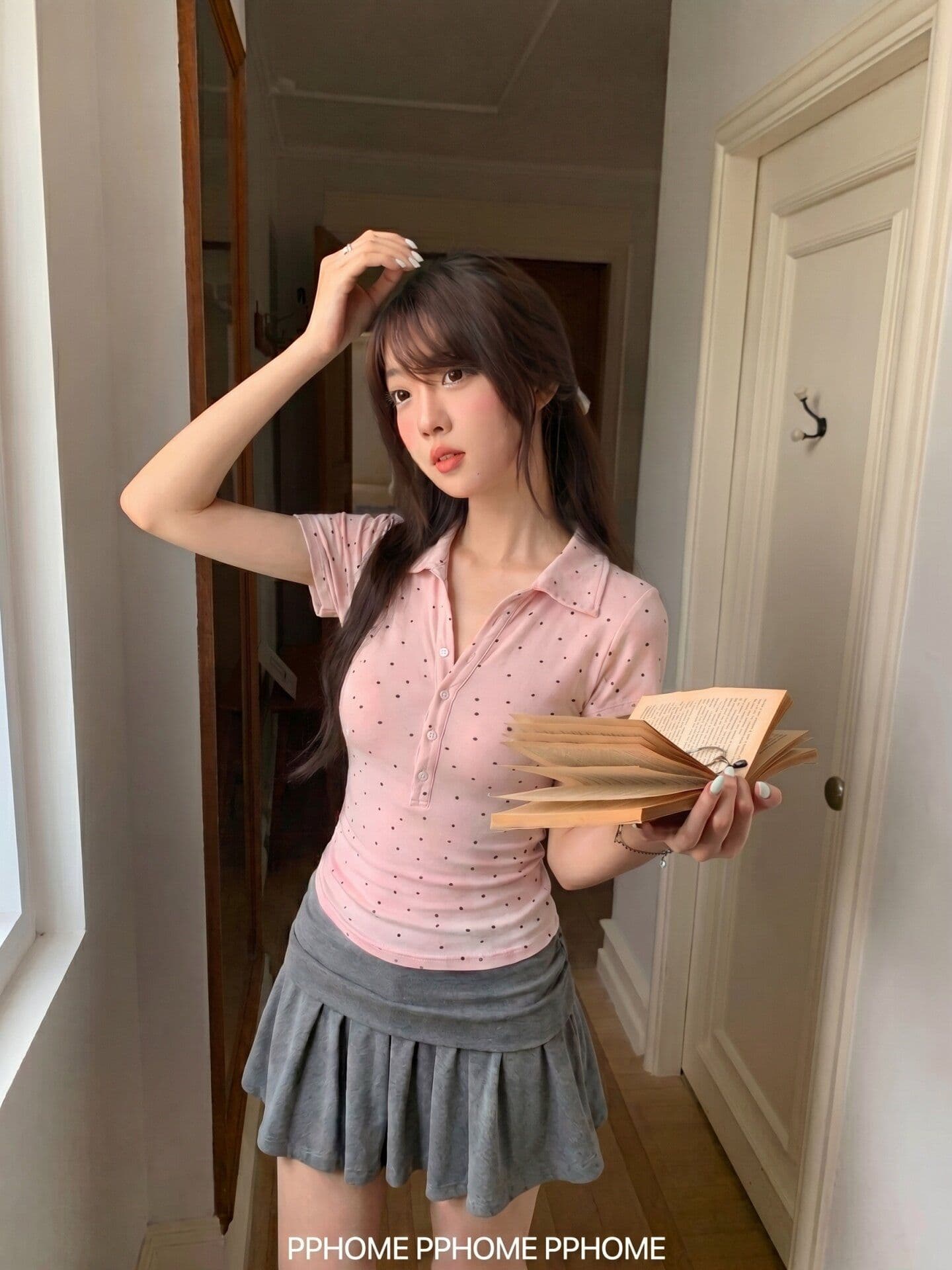양모 작은 대중 도트 무늬 허리 수축 반팔 티셔츠 여성 여름 몸매 가꾸기 핫걸 슬림해 보이는 POLO 칼라 다용도 회색 맨위 이미지 2