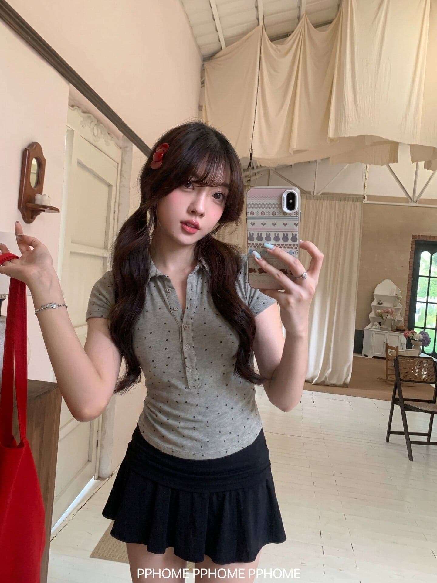 양모 작은 대중 도트 무늬 허리 수축 반팔 티셔츠 여성 여름 몸매 가꾸기 핫걸 슬림해 보이는 POLO 칼라 다용도 회색 맨위 상세 이미지 1