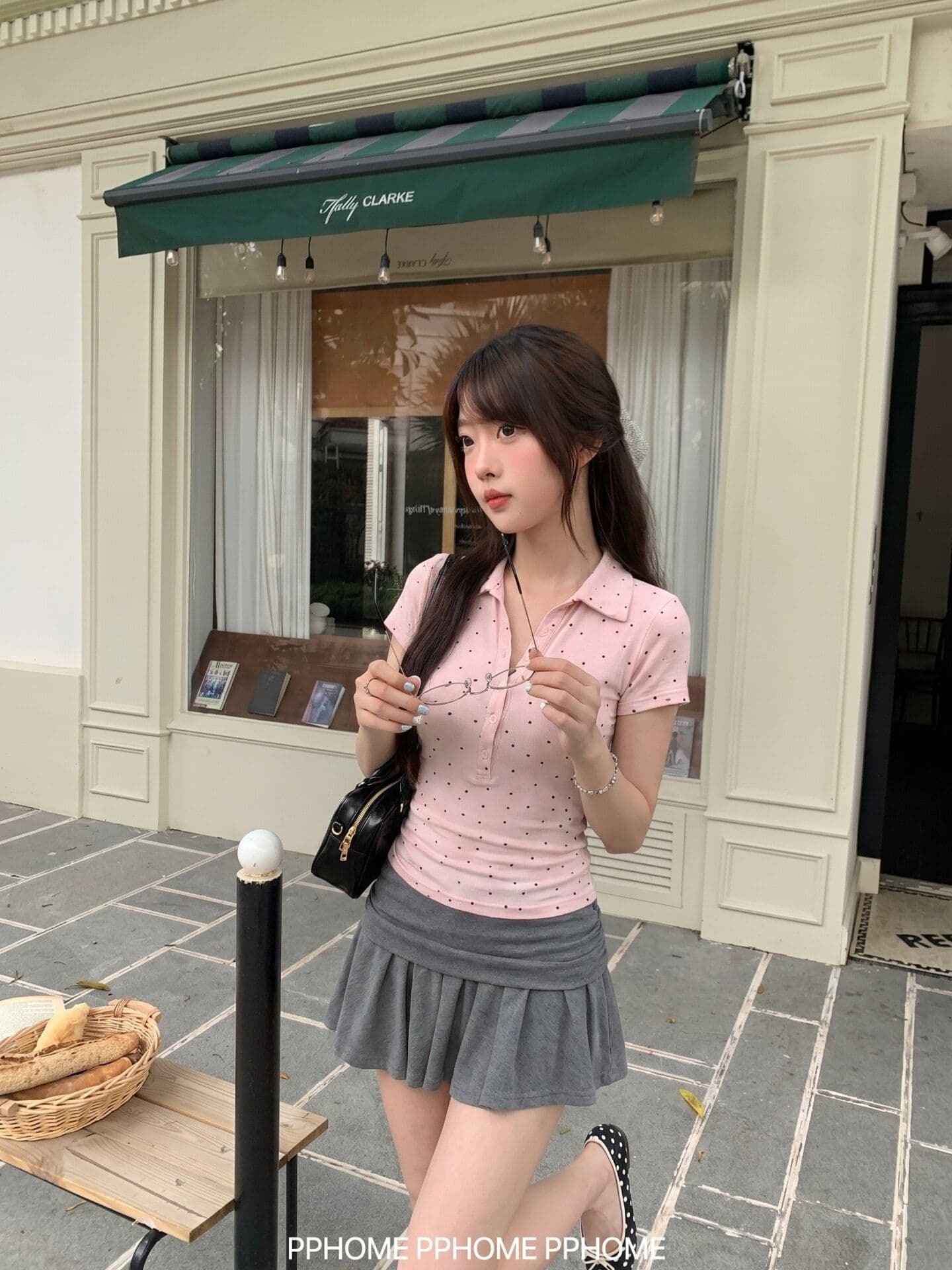 양모 작은 대중 도트 무늬 허리 수축 반팔 티셔츠 여성 여름 몸매 가꾸기 핫걸 슬림해 보이는 POLO 칼라 다용도 회색 맨위 상세 이미지 4