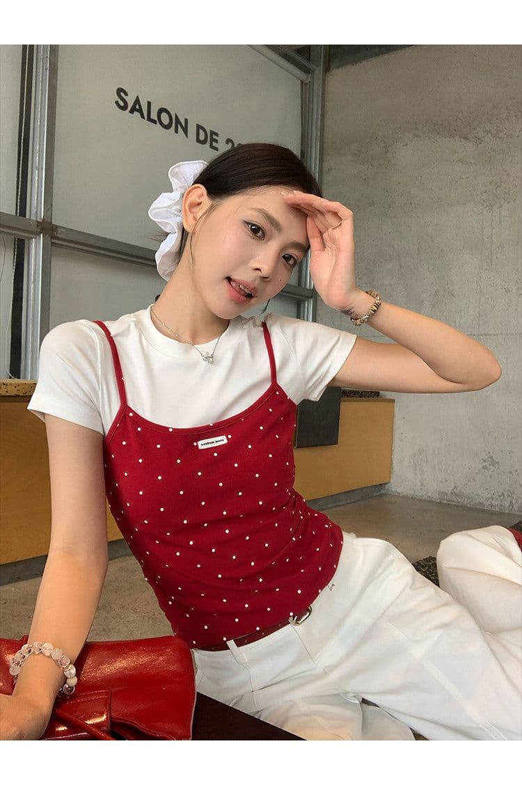 좋은 면 핫걸 바람 페이크 레이어드 도트 무늬 반팔 티셔츠 여성 여름 작은 대중 디자인 센스 몸매 가꾸기 긍정적 인 어깨 의류 상세 이미지 3