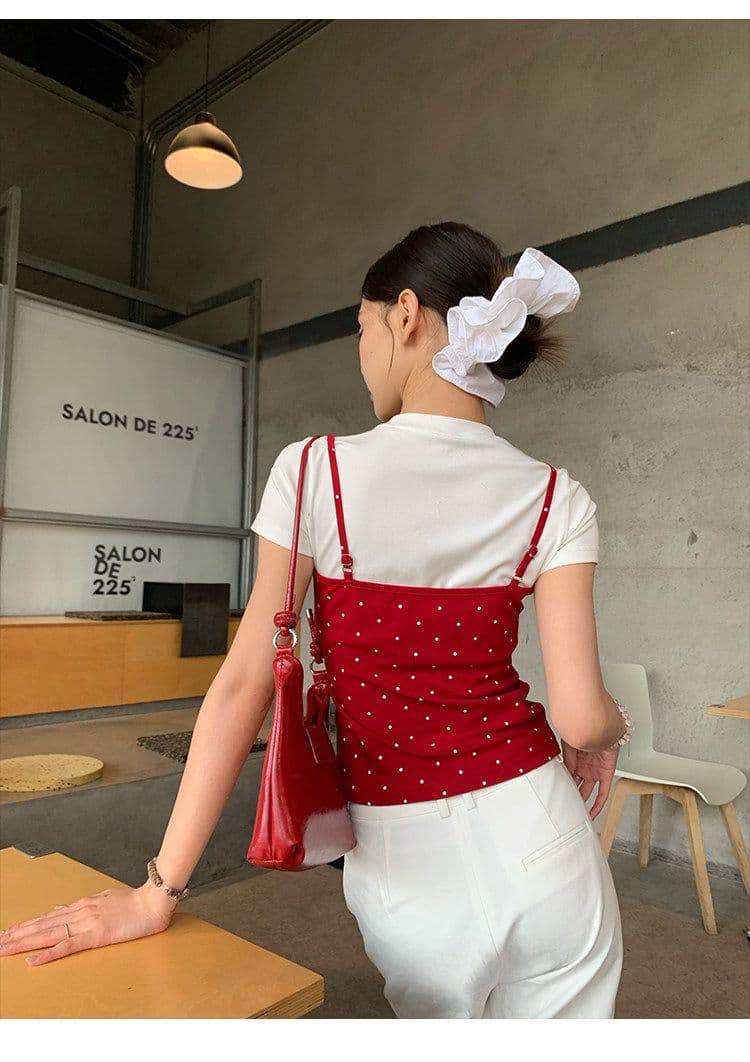 좋은 면 핫걸 바람 페이크 레이어드 도트 무늬 반팔 티셔츠 여성 여름 작은 대중 디자인 센스 몸매 가꾸기 긍정적 인 어깨 의류 상세 이미지 11