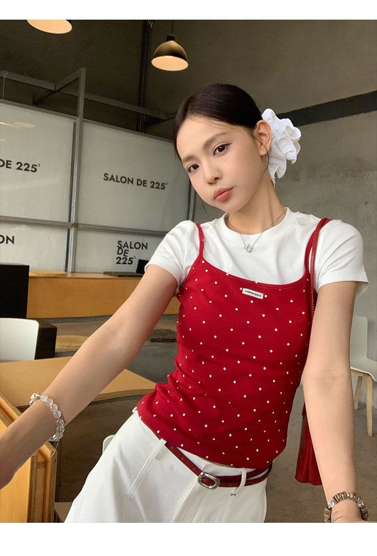 좋은 면 핫걸 바람 페이크 레이어드 도트 무늬 반팔 티셔츠 여성 여름 작은 대중 디자인 센스 몸매 가꾸기 긍정적 인 어깨 의류 상세 이미지 12