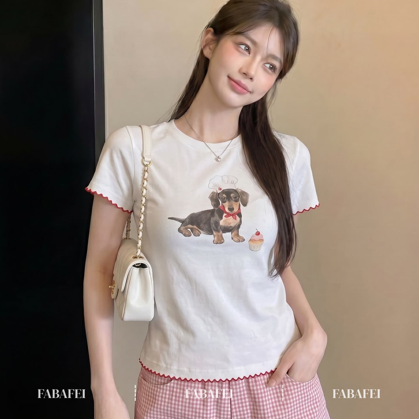 210 그램 좋은 면 한 부서 연령 감소 강아지 프린트 반팔 티셔츠 여성 여름 물결무늬 측면 몸매 가꾸기 슬림해 보이는 달콤한 자매 맨위 이미지 5