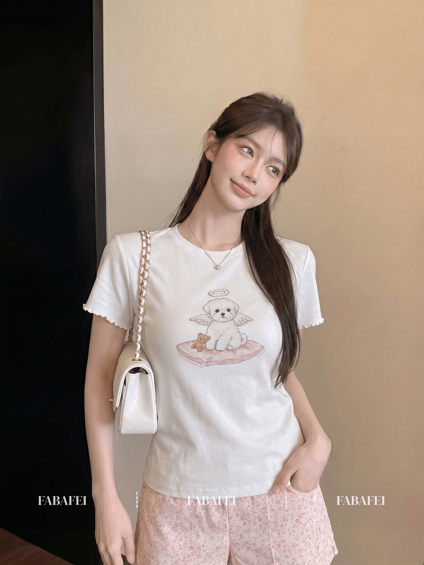 210 그램 좋은 면 한 부서 연령 감소 강아지 프린트 반팔 티셔츠 여성 여름 물결무늬 측면 몸매 가꾸기 슬림해 보이는 달콤한 자매 맨위 상세 이미지 3