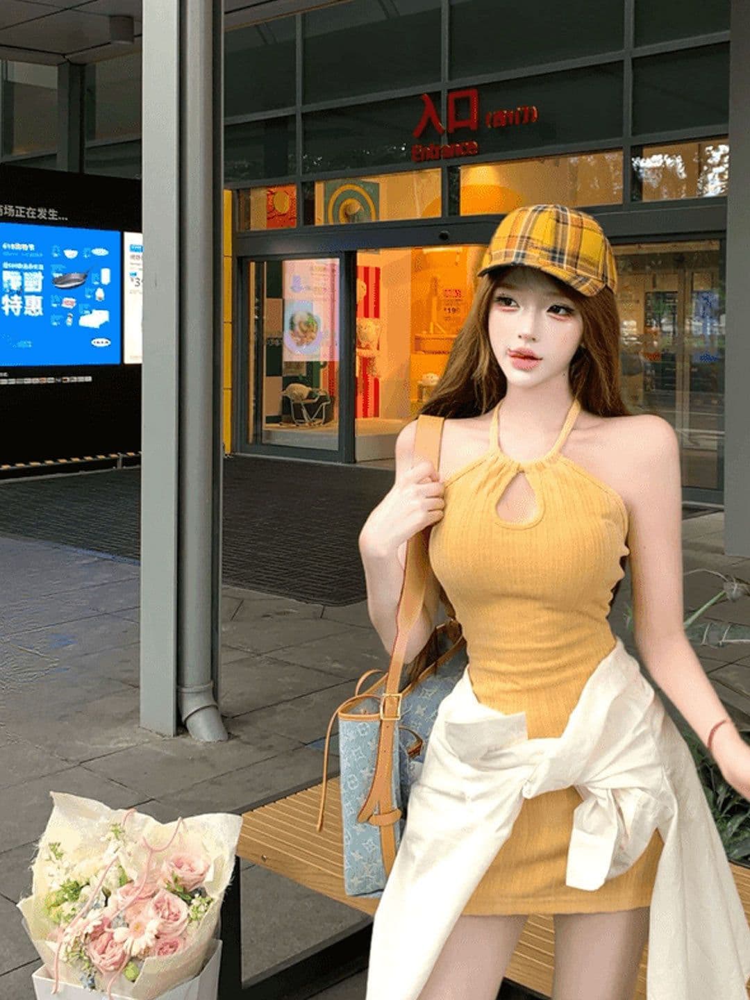 원본 원단 도파민 바람 황색 행침 목 홀로우 아웃 민소매 여성 드레스 여름 품격 몸매 가꾸기 슬림해 보이는 미니 스커트 상세 이미지 1