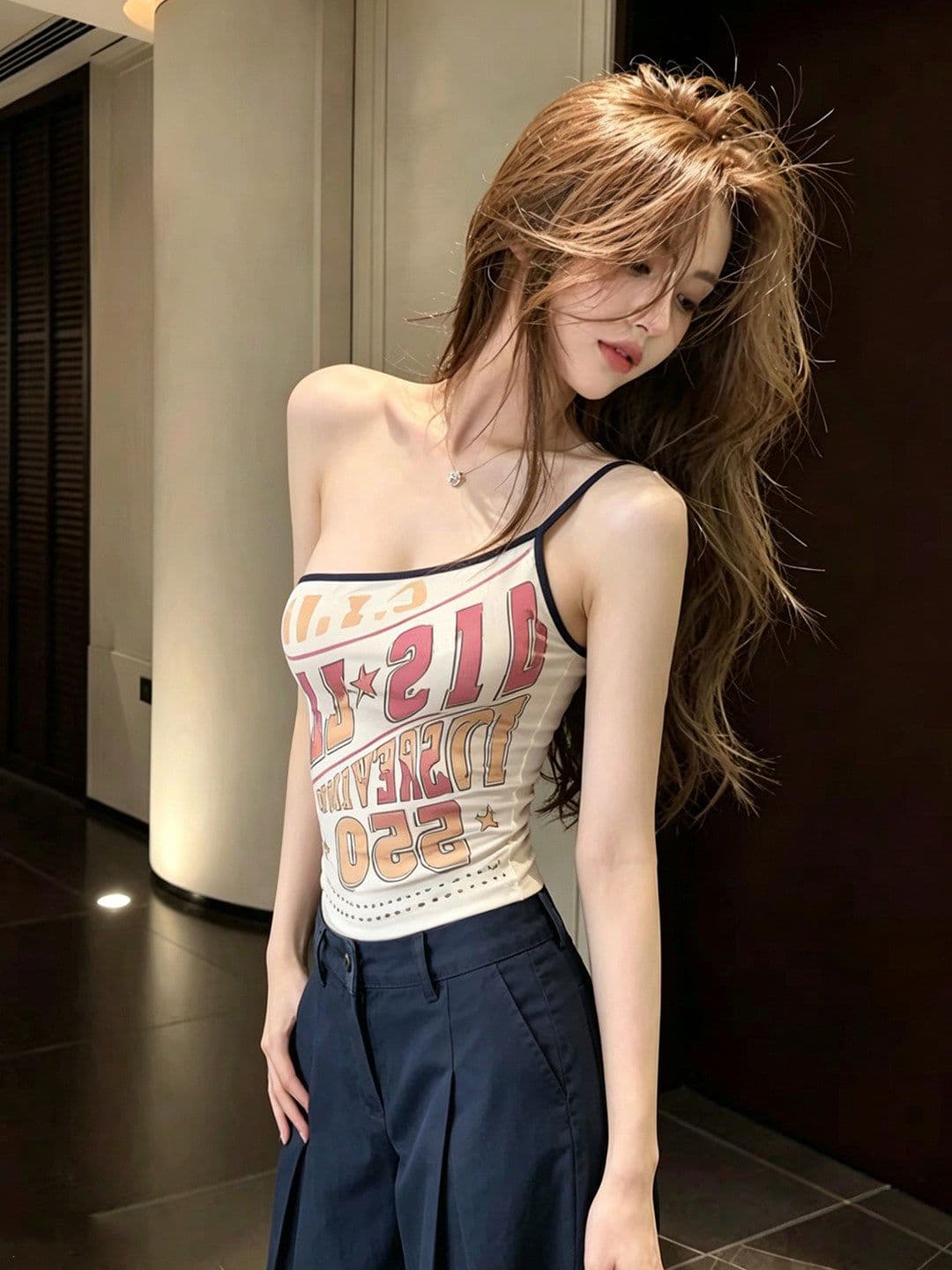 260 그램 사람들 면 여름 아메리칸 레트로 달콤한 핫걸 바람 알파벳 프린트 캐미솔 디자인 센스 작은 대중 맨위 상세 이미지 4
