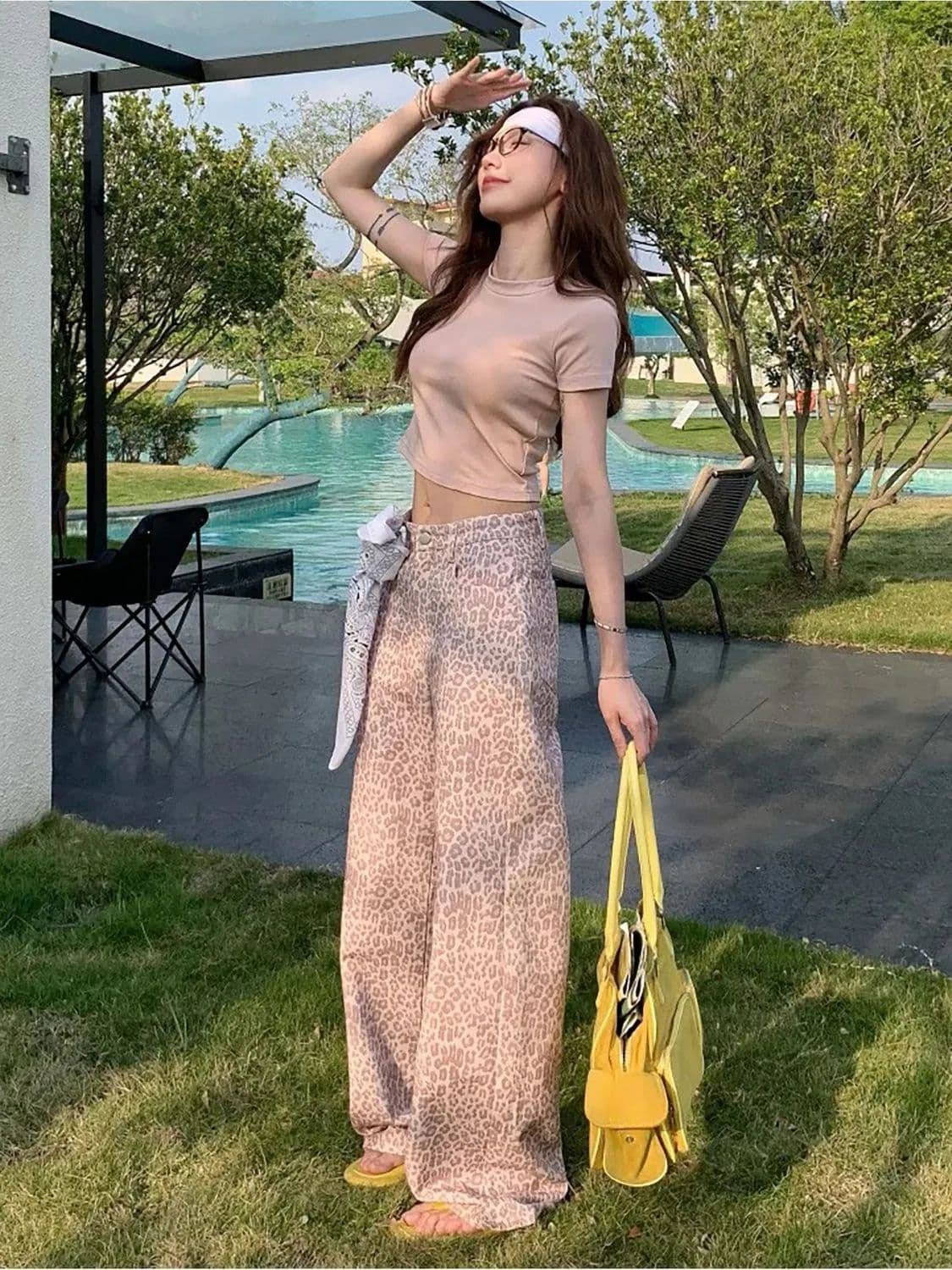 2026 여름 새로운 아메리칸 레트로 핑크색 레오파드 무늬 넓은 다리 청바지 여성 하이웨이스트 루즈핏 슬림해 보이는 학생 바지 상세 이미지 6