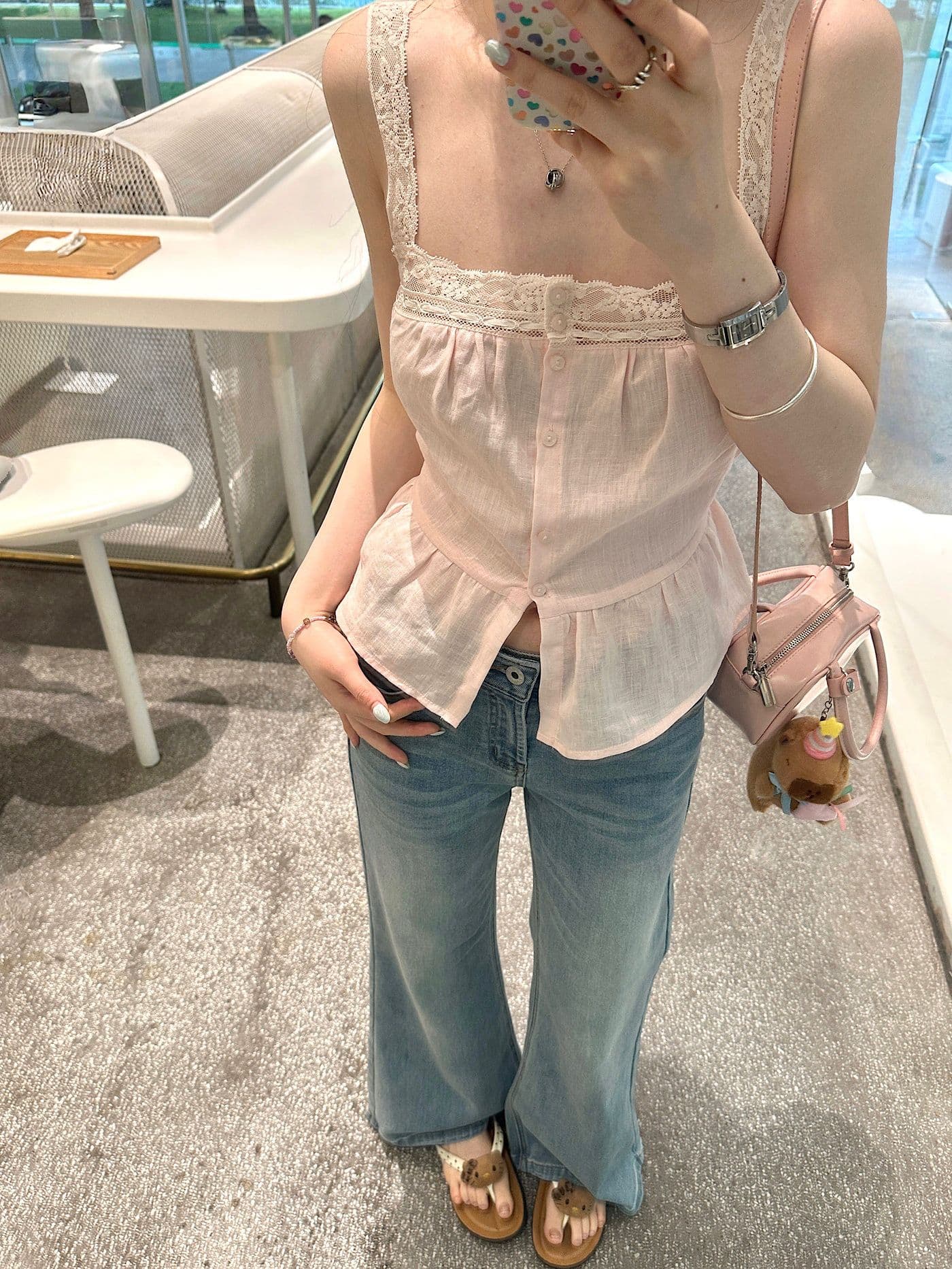 여름 새로운 패치워크 허리 수축 달콤함 작은 조끼 한 부서 작은 대중 레이스 레이스 슬립 민소매 면 린넨 맨위 여성 이미지 4