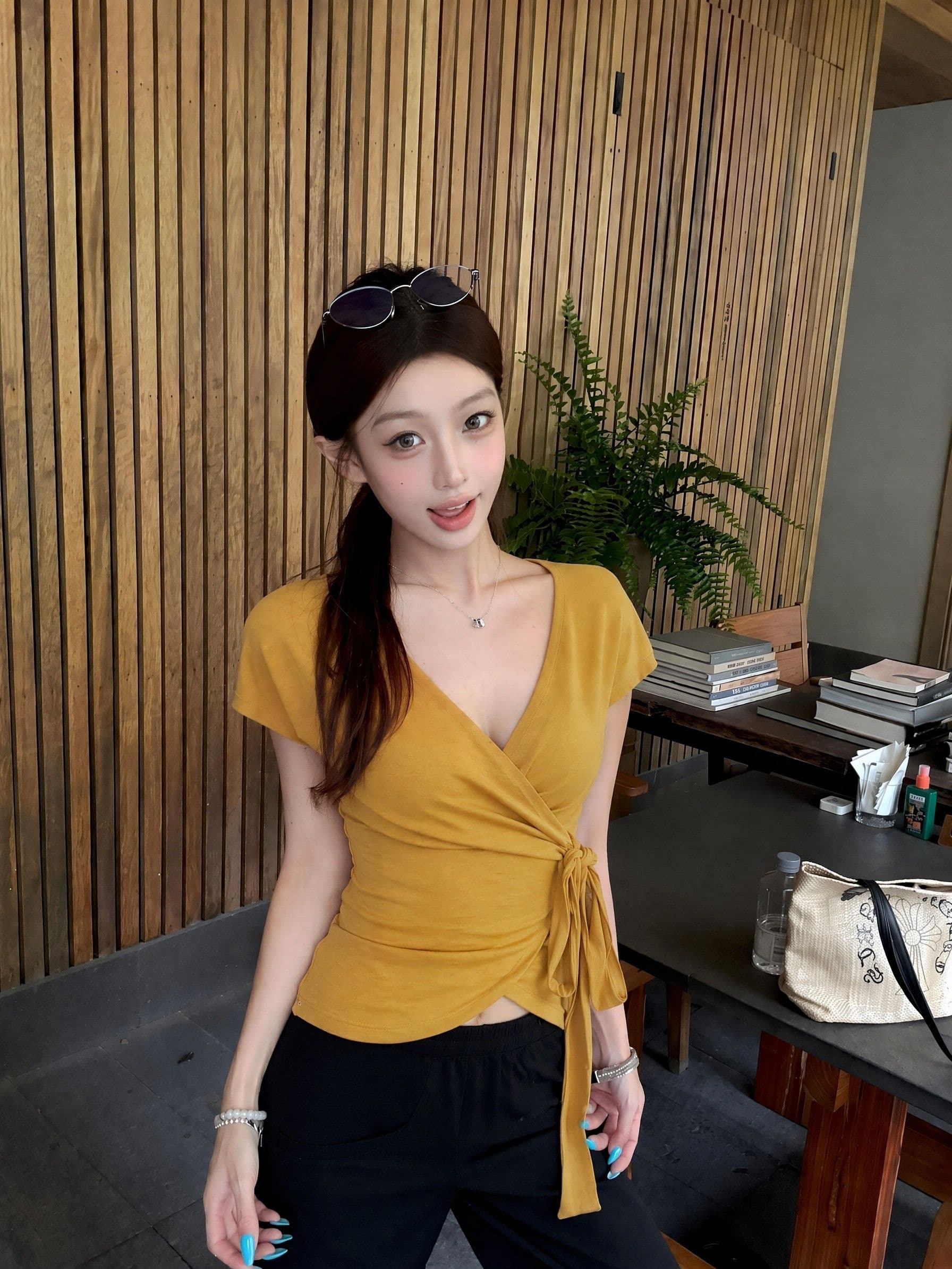 여름 작은 대중 허리 수축 몸매 가꾸기 반팔 주름 작은 맨위 사람들 면 십자가 V넥 우아함 스트랩 티셔츠 여성