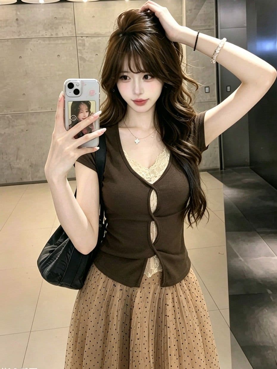 여름 새로운 순수한 욕망 섹시함 V넥 레이스 조각 사람들 면 반팔 티셔츠 여성 몸매 가꾸기 슬림해 보이는 디자인 센스 맨위 이미지 4