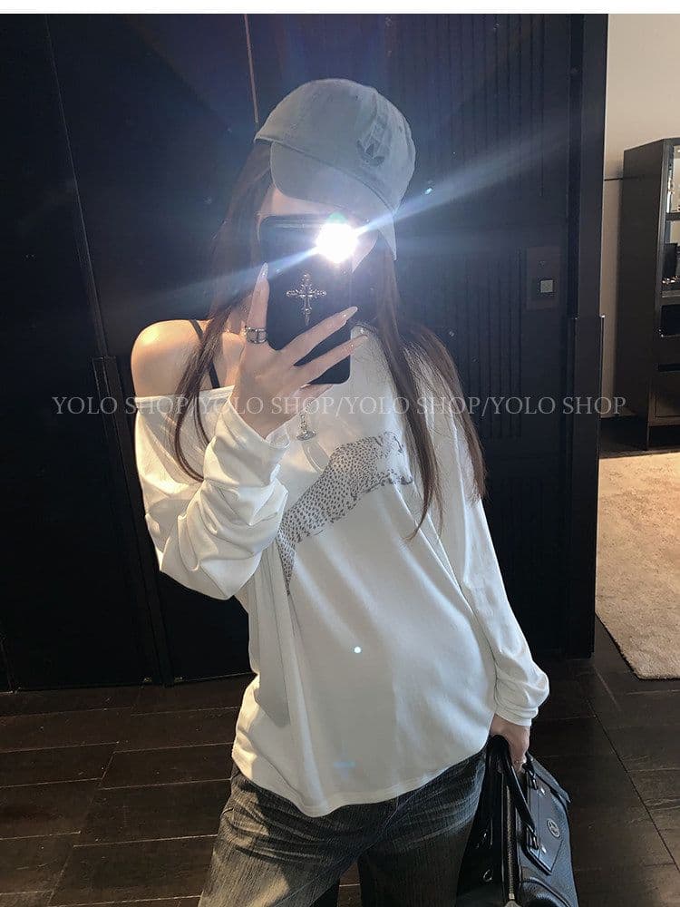 여름 다용도 작은 대중 오프숄더 핫걸 루즈핏 맨위 라이 경기 서울 인쇄 花船 칼라 둘 착용 긴팔 블라우스 티셔츠 여성 상세 이미지 1