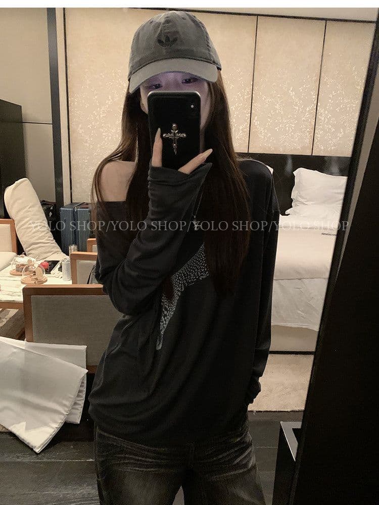 여름 다용도 작은 대중 오프숄더 핫걸 루즈핏 맨위 라이 경기 서울 인쇄 花船 칼라 둘 착용 긴팔 블라우스 티셔츠 여성 상세 이미지 2