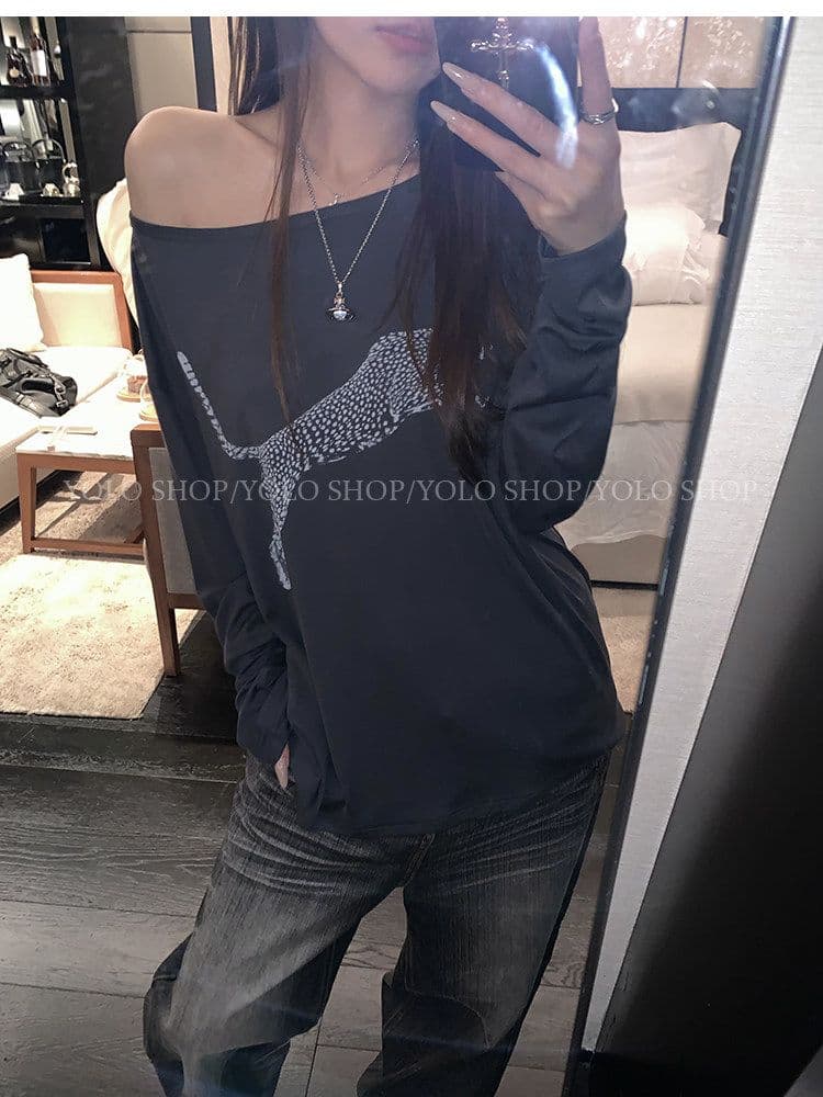 여름 다용도 작은 대중 오프숄더 핫걸 루즈핏 맨위 라이 경기 서울 인쇄 花船 칼라 둘 착용 긴팔 블라우스 티셔츠 여성 상세 이미지 5