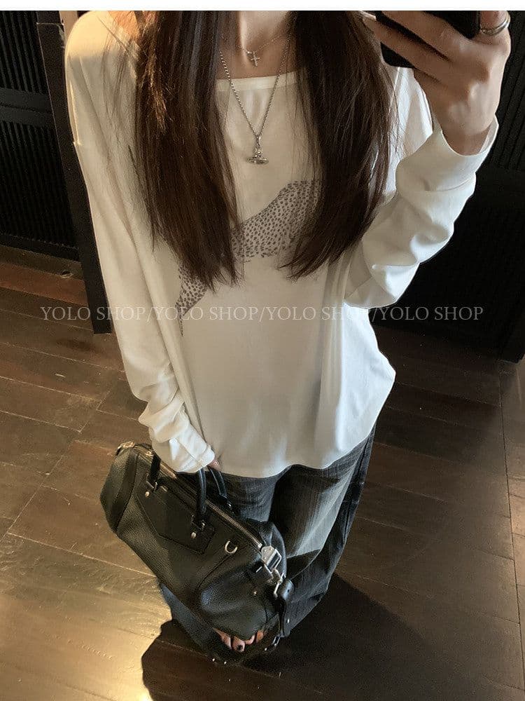 여름 다용도 작은 대중 오프숄더 핫걸 루즈핏 맨위 라이 경기 서울 인쇄 花船 칼라 둘 착용 긴팔 블라우스 티셔츠 여성 상세 이미지 6