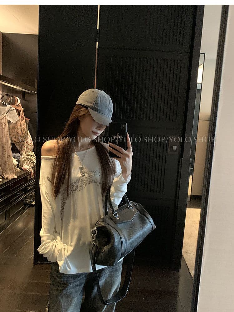 여름 다용도 작은 대중 오프숄더 핫걸 루즈핏 맨위 라이 경기 서울 인쇄 花船 칼라 둘 착용 긴팔 블라우스 티셔츠 여성 상세 이미지 7