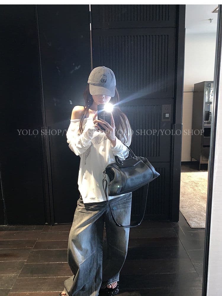 여름 다용도 작은 대중 오프숄더 핫걸 루즈핏 맨위 라이 경기 서울 인쇄 花船 칼라 둘 착용 긴팔 블라우스 티셔츠 여성 상세 이미지 11