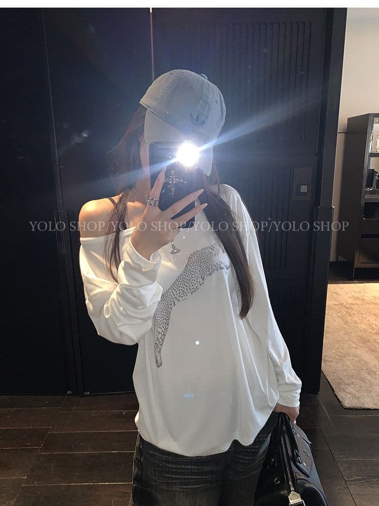 여름 다용도 작은 대중 오프숄더 핫걸 루즈핏 맨위 라이 경기 서울 인쇄 花船 칼라 둘 착용 긴팔 블라우스 티셔츠 여성 상세 이미지 12