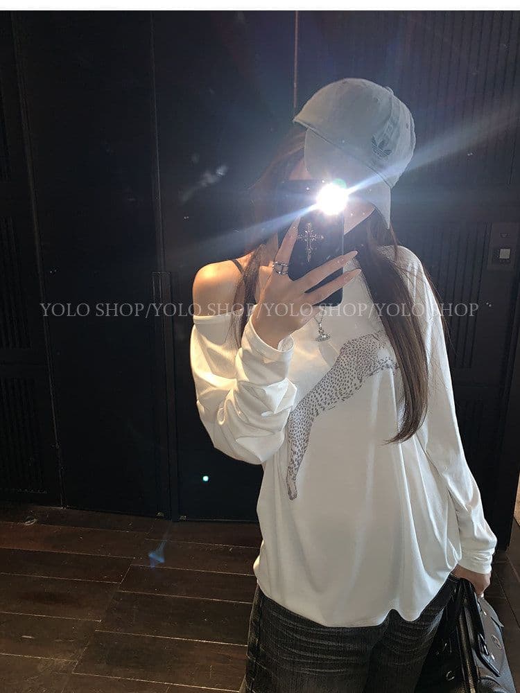 여름 다용도 작은 대중 오프숄더 핫걸 루즈핏 맨위 라이 경기 서울 인쇄 花船 칼라 둘 착용 긴팔 블라우스 티셔츠 여성 상세 이미지 13