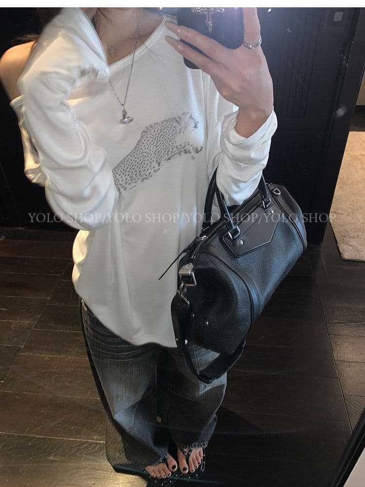 여름 다용도 작은 대중 오프숄더 핫걸 루즈핏 맨위 라이 경기 서울 인쇄 花船 칼라 둘 착용 긴팔 블라우스 티셔츠 여성 상세 이미지 14