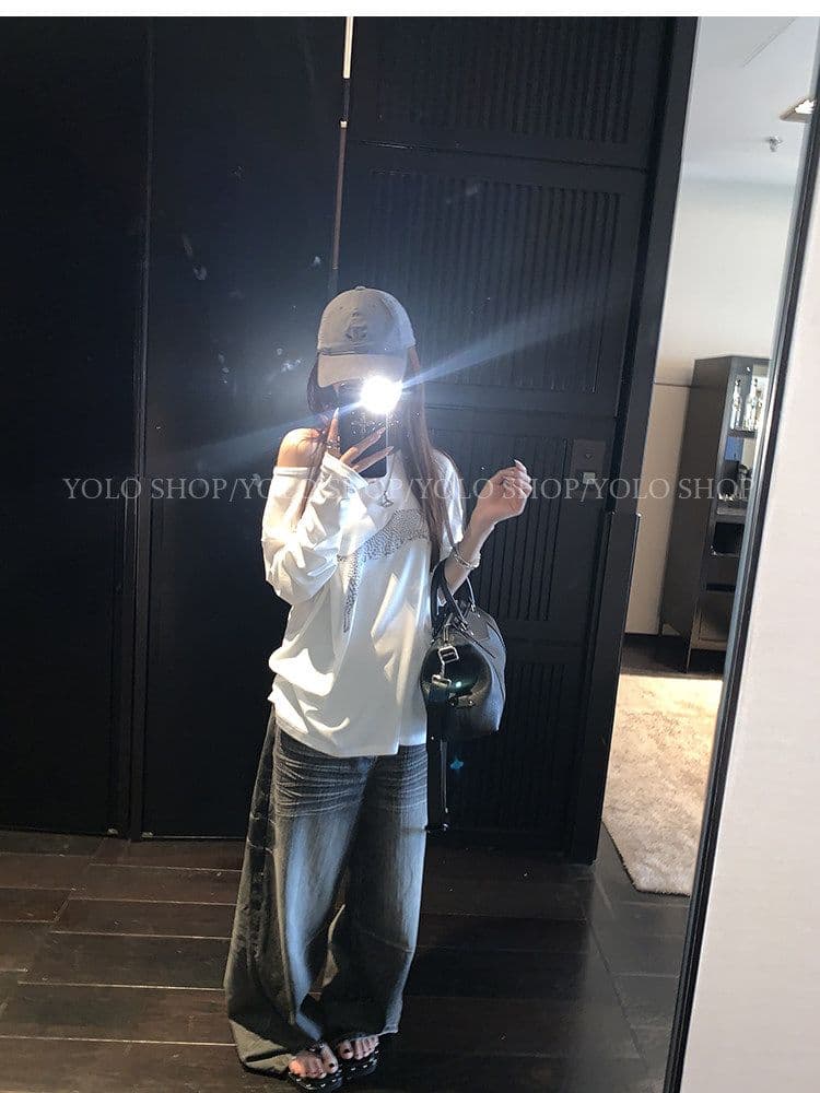 여름 다용도 작은 대중 오프숄더 핫걸 루즈핏 맨위 라이 경기 서울 인쇄 花船 칼라 둘 착용 긴팔 블라우스 티셔츠 여성 상세 이미지 15