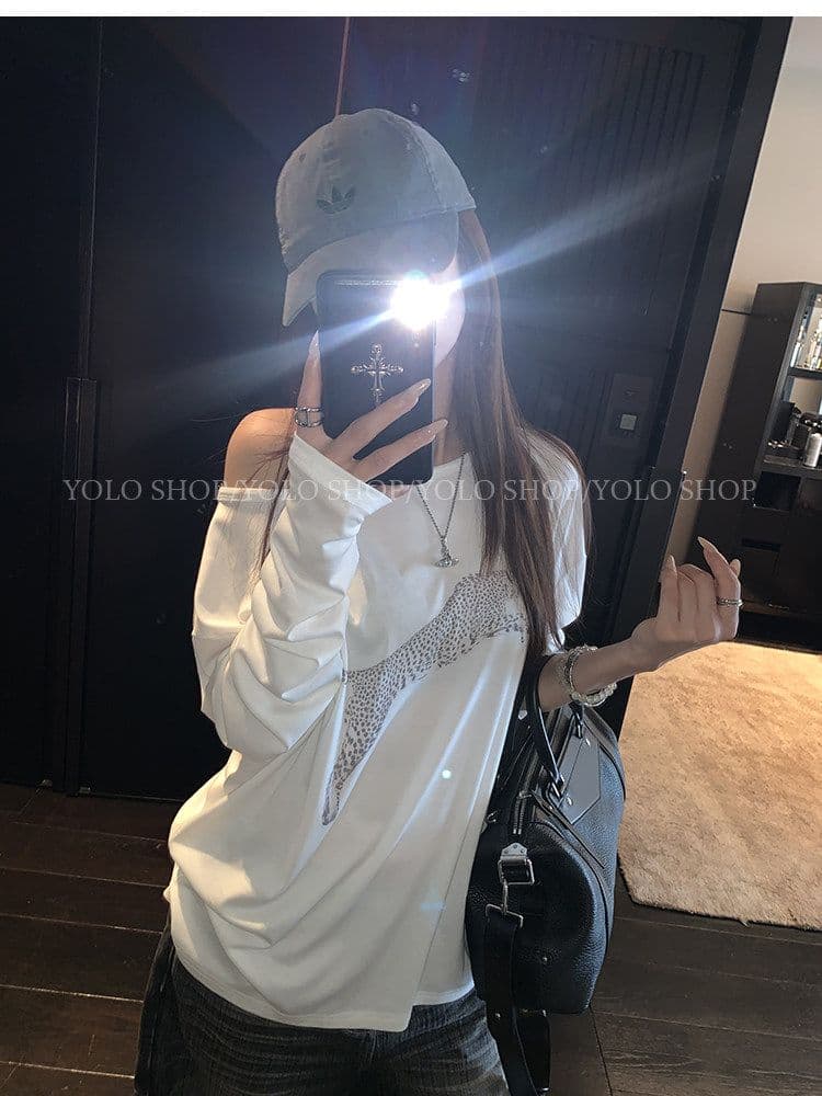 여름 다용도 작은 대중 오프숄더 핫걸 루즈핏 맨위 라이 경기 서울 인쇄 花船 칼라 둘 착용 긴팔 블라우스 티셔츠 여성 상세 이미지 16