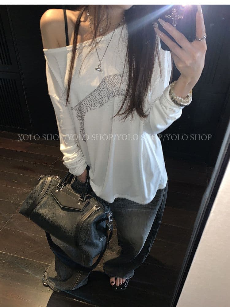 여름 다용도 작은 대중 오프숄더 핫걸 루즈핏 맨위 라이 경기 서울 인쇄 花船 칼라 둘 착용 긴팔 블라우스 티셔츠 여성 상세 이미지 17
